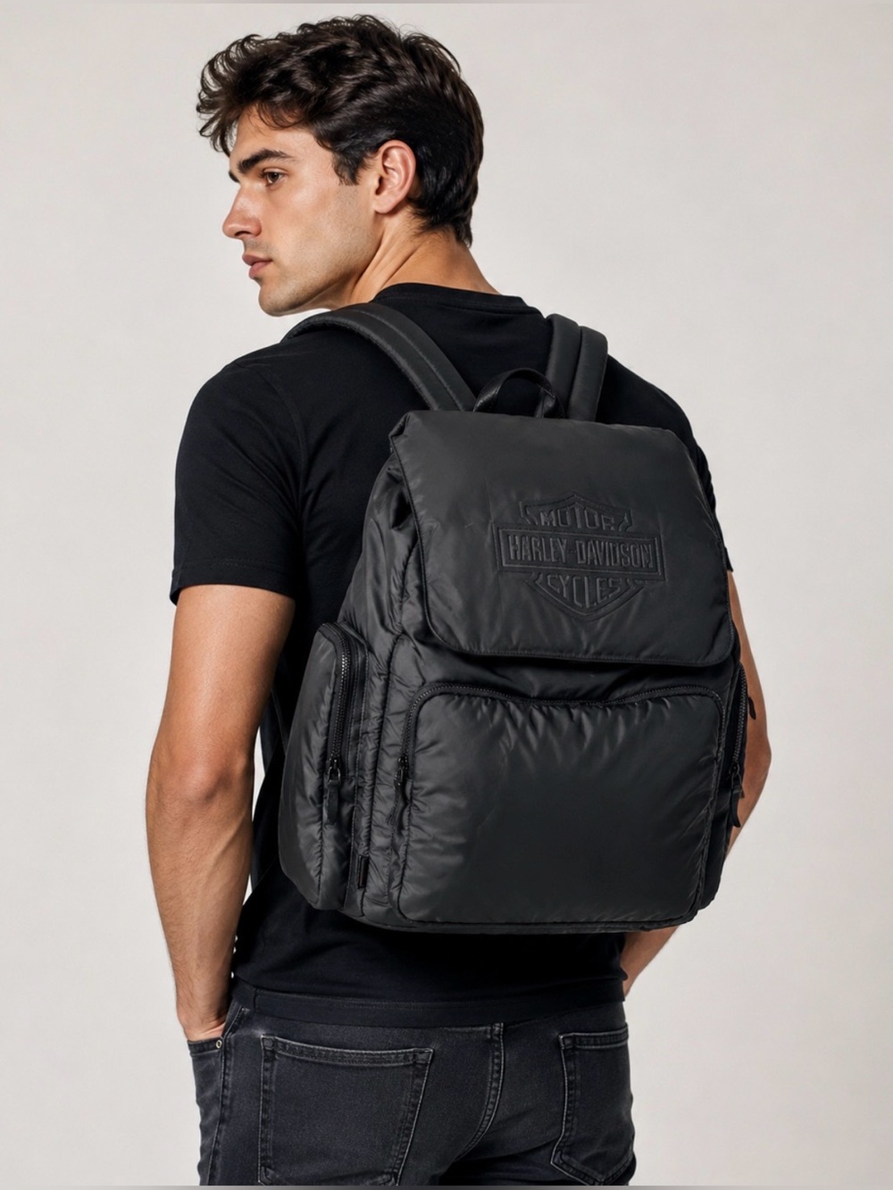 Harley Davidson Black Puffer Nylon Backpack Shoulder Bag